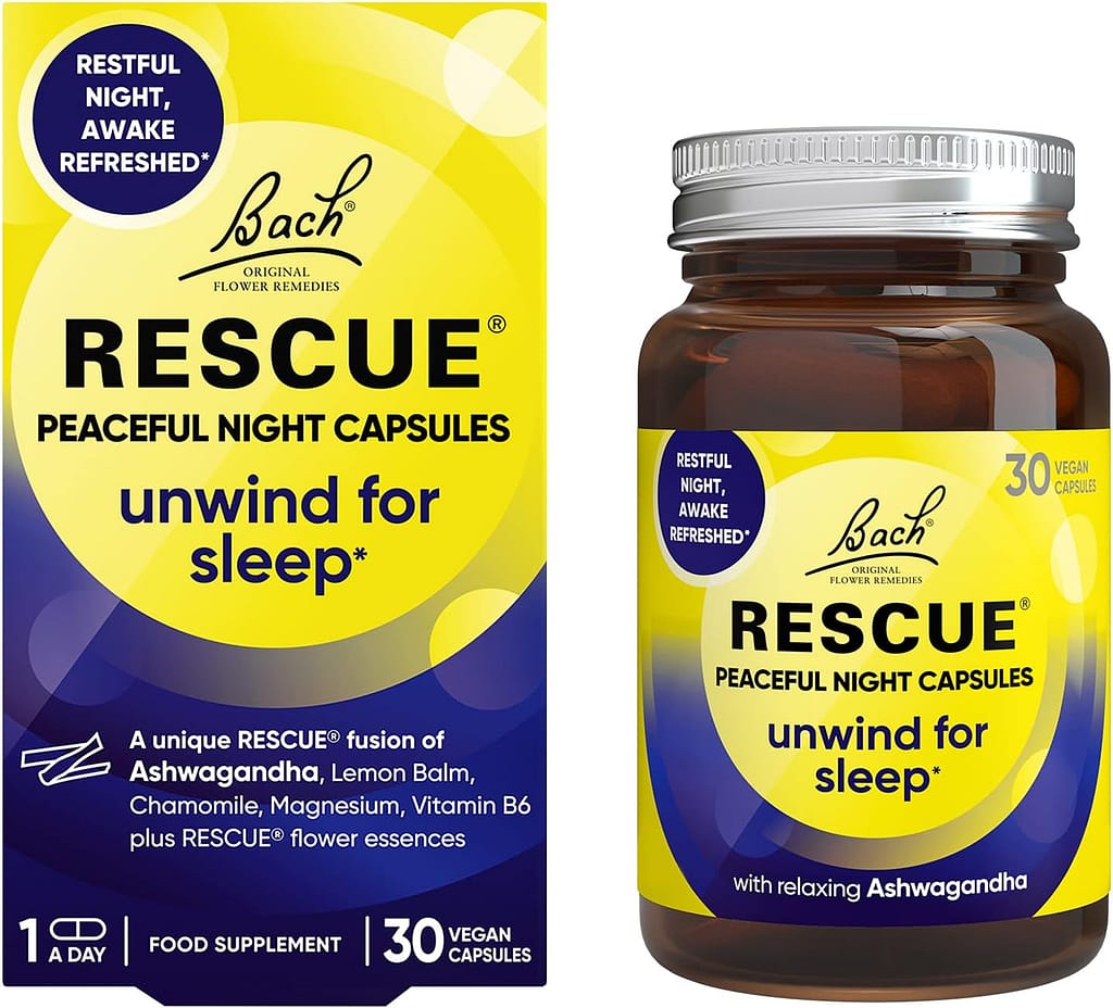 Rescue Peaceful Night Capsules, Unwind for Sleep, Ashwagandha, Chamomile, Magnesium, Vitamin B6, Natural Flower Essences, Vegan, 30 Capsules